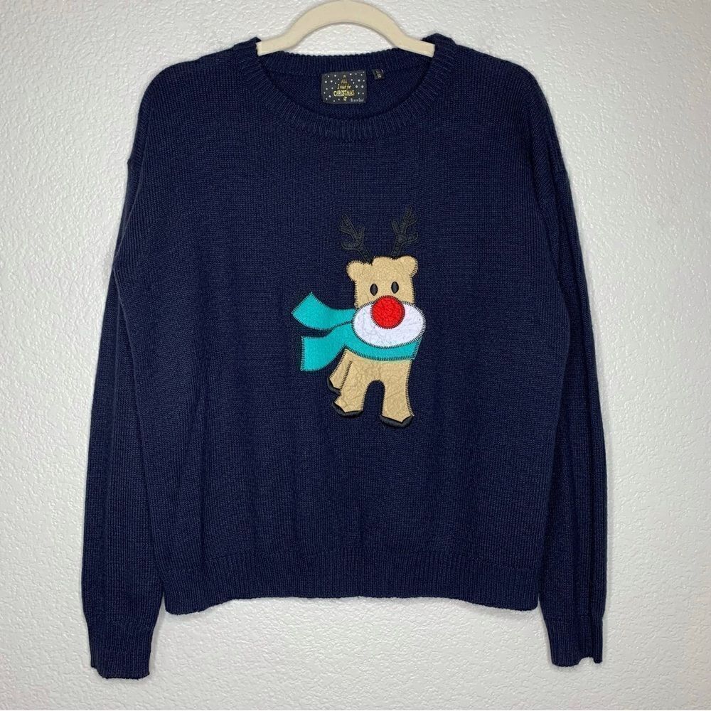 All I Want for Christmas Women’s Size Large Navy Blue Pullover Sweater